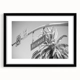 Abstract art print featuring textured, colorful depiction of Hollywood, California skyline on a large framed canvas.