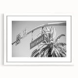 Abstract art print of Hollywood, California in muted gray tones on a framed white mat, ideal for dining room decor.