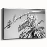 Black and white vintage poster art of the Hollywood landscape on framed canvas, suitable for bedroom wall decor.