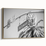 Framed canvas of vintage-style Hollywood, California landscape in black and gold, ideal for bedroom wall art.