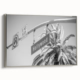 Framed canvas of a vintage Hollywood, California landscape in muted grays and silver, ideal for living room decor.