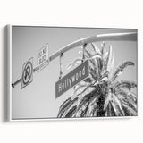 Vintage poster art of Hollywood, California, featuring colorful art on a white framed canvas, ideal for living room decor.