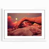 Abstract art print of Joshua Tree landscape in muted earth tones on a white-framed canvas.