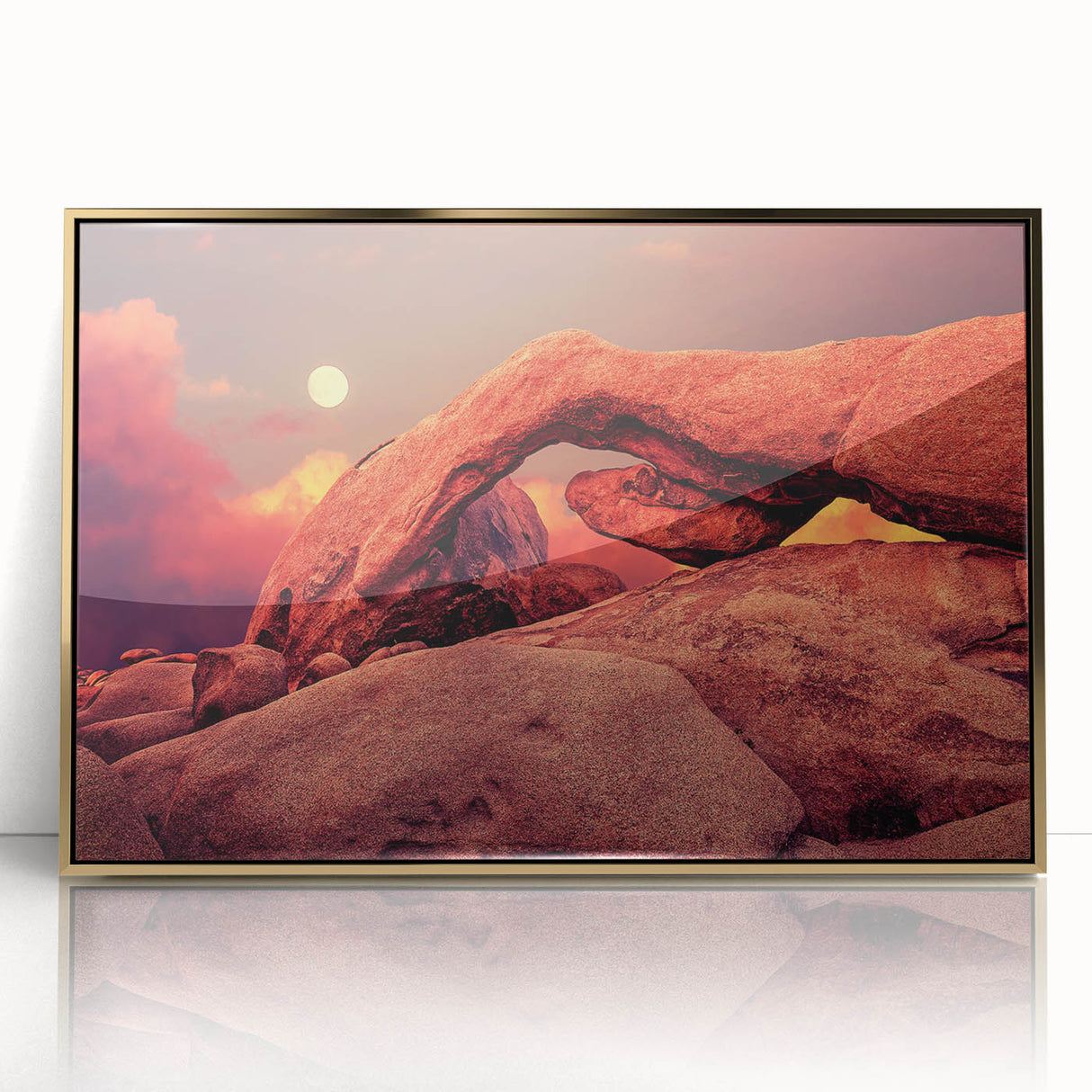 Large art print of Joshua Tree in gold acrylic frame, featuring mid-century modernist style and earth tones.