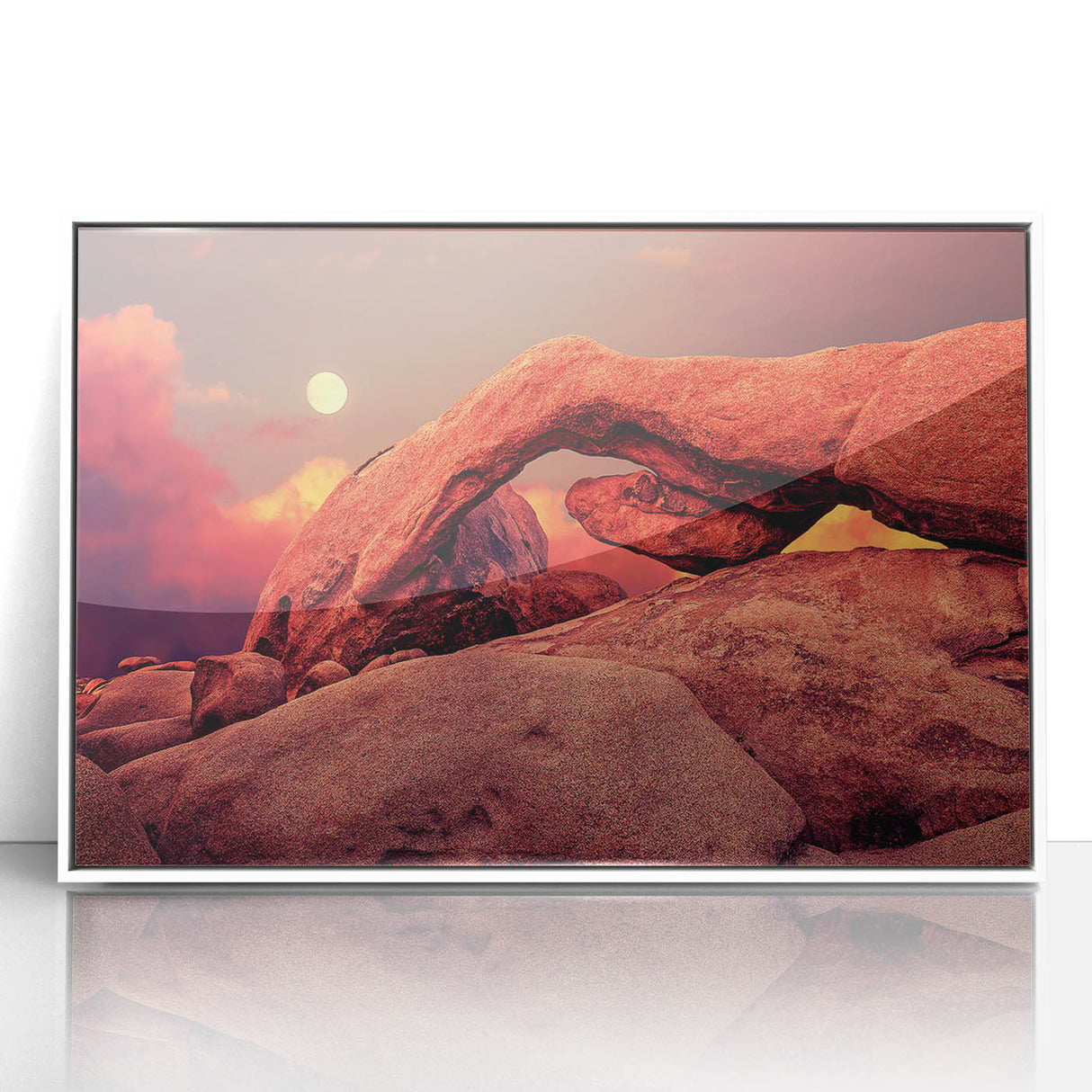Framed acrylic print of Joshua Tree scenery in pastel shades, ideal for modern nursery wall art.