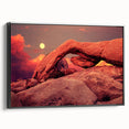 Black and white framed canvas of Joshua Tree landscape in vintage poster style, ideal for bedroom wall art.