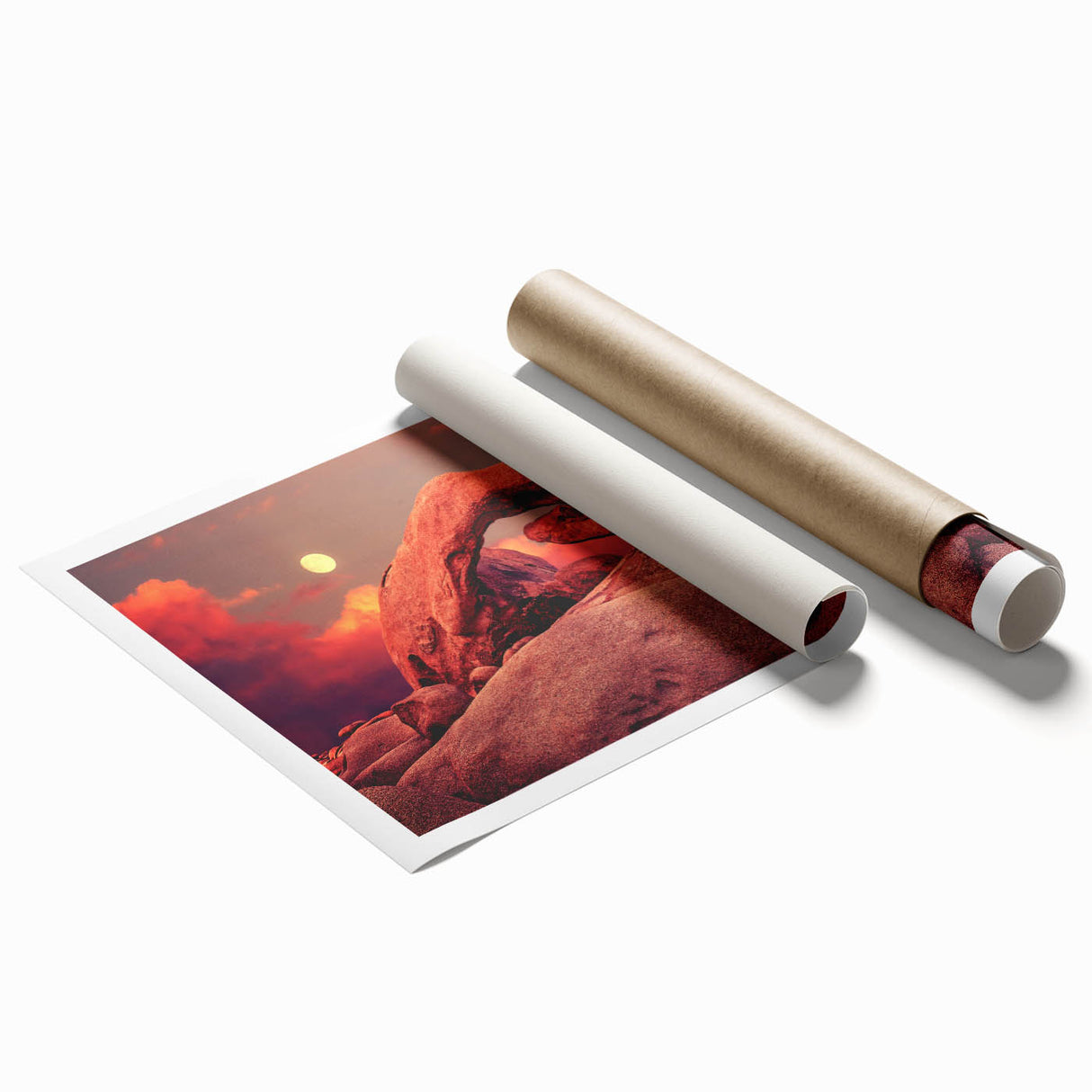 Joshua Tree landscape in muted earth tones on a large rolled canvas, ideal for classy bathroom wall art.