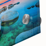 Large abstract depiction of Lake Tahoe in muted blue and green tones on acrylic glass, suitable for dining room art.