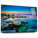 Acrylic print of Lake Tahoe with vivid blue and green hues, suitable for bedroom or dining room decor.