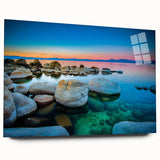 Large abstract acrylic print of Lake Tahoe, showcasing vivid blue and green tones, suitable for bedroom or dining room art.
