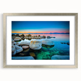 Textured art of Lake Tahoe in abstract style with cool blue and silver tones on a framed print, suitable for bedroom decor.