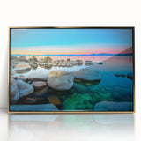 Large art print of Lake Tahoe with vivid blue and green tones on a framed acrylic, in a mid-century modernist style.