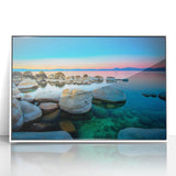 Modern art wall decor featuring Lake Tahoe scenery in a framed acrylic print with serene blue and white tones.
