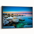Black and white wall art of Lake Tahoe landscape on framed canvas, ideal for bedroom decor.