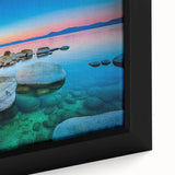 Extra large framed canvas of Lake Tahoe with textured, colorful art on a black background, ideal for living room decor.
