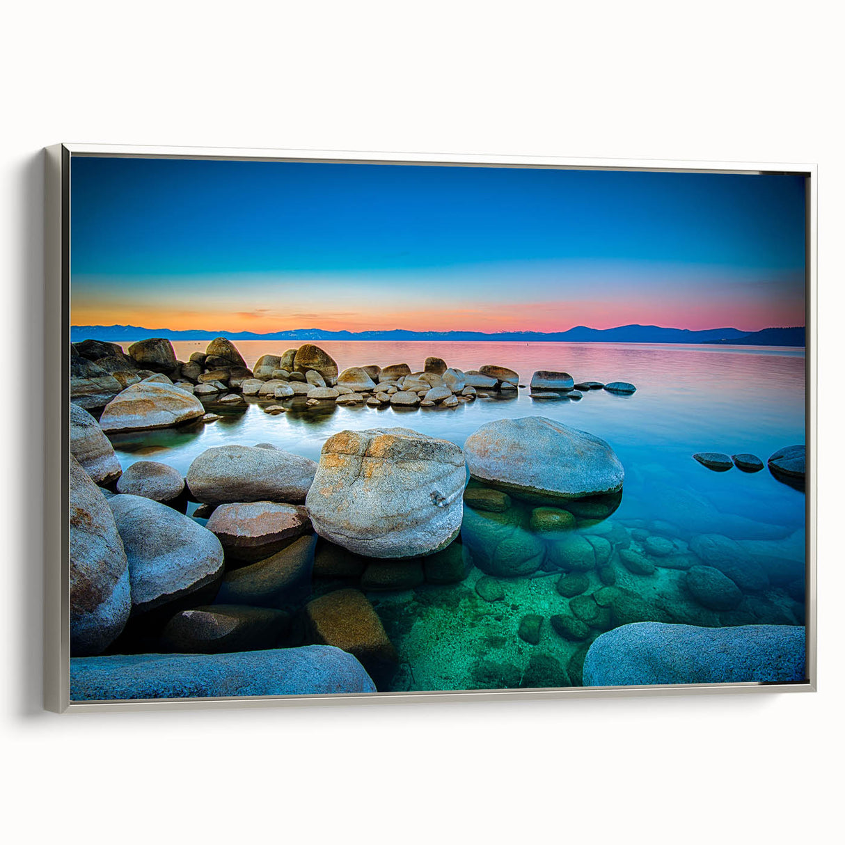 Framed canvas landscape art painting of Lake Tahoe with muted blue and green tones, ideal for living room decor.