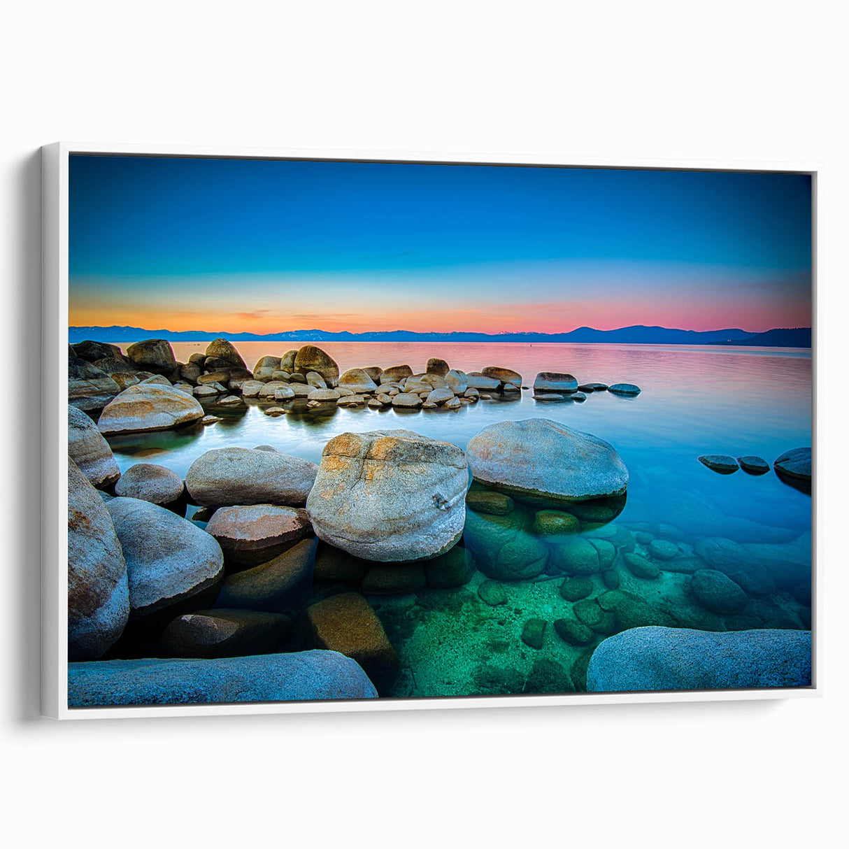 Vintage poster art of Lake Tahoe with colorful palette on extra large framed canvas, ideal for living room decor.