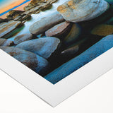 Art deco poster of Lake Tahoe with muted blue and green tones on rolled canvas, suitable for dining room wall art.