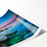 Extra large rolled print of Lake Tahoe with muted blue and green tones, ideal for large living room wall art.