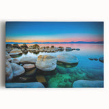 Black and white photograph of Lake Tahoe on stretched canvas, ideal for kitchen wall art.