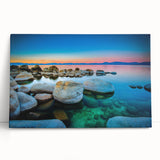 Black and white photograph of Lake Tahoe on stretched canvas, ideal for kitchen wall art or bedroom ambiance.