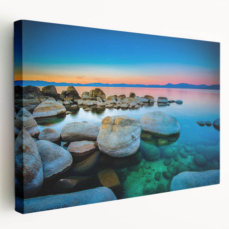 Lake Tahoe landscape on large stretched canvas, featuring deep blue and green tones, ideal for kitchen wall art.