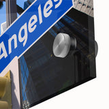 Large abstract depiction of the Los Angeles skyline in muted earth tones on acrylic glass, suitable for dining room art.