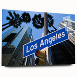 Large abstract depiction of the Los Angeles skyline in muted gray and blue tones on acrylic glass.