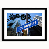 Extra large abstract art print featuring a colorful Los Angeles skyline, textured design on a framed black mat.