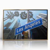 Framed acrylic print of Los Angeles skyline in muted gold and blue tones, ideal for modern art wall decor.