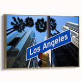Framed canvas depicting a vintage-style Los Angeles landscape in black and gold tones, suitable for bedroom wall art.