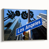 Framed canvas of a vintage Los Angeles landscape painting with colorful and black elements, ideal for living room decor.
