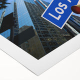 Art deco poster of Los Angeles skyline with pastel shades on rolled canvas, suitable for dining room wall art.