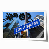 Rolled print of Los Angeles skyline with soft pastel shades, ideal for art wall dining room decor.