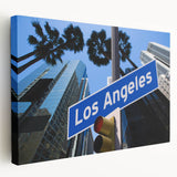 Los Angeles cityscape on large stretched canvas, featuring vibrant twilight hues, ideal for kitchen wall art.