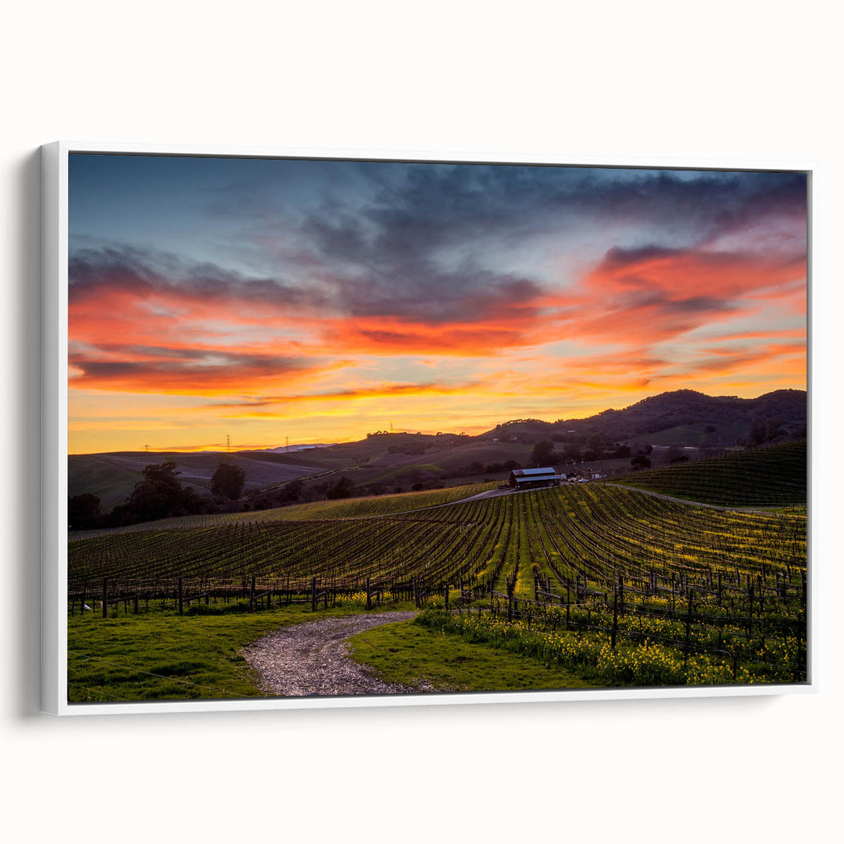 Vintage poster art of Napa Valley on a framed canvas, featuring vibrant colors, ideal for living room decor.
