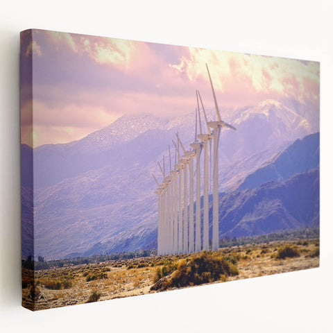 Palm Springs landscape featuring a row of palm trees against a sunset sky on large stretched canvas.
