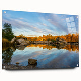 Acrylic print of a large abstract depiction of the Sacramento skyline, featuring cool gray and blue tones.