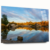 Large acrylic print depicting an abstract Sacramento scenery in muted earth tones, suitable for bedroom or dining room decor.