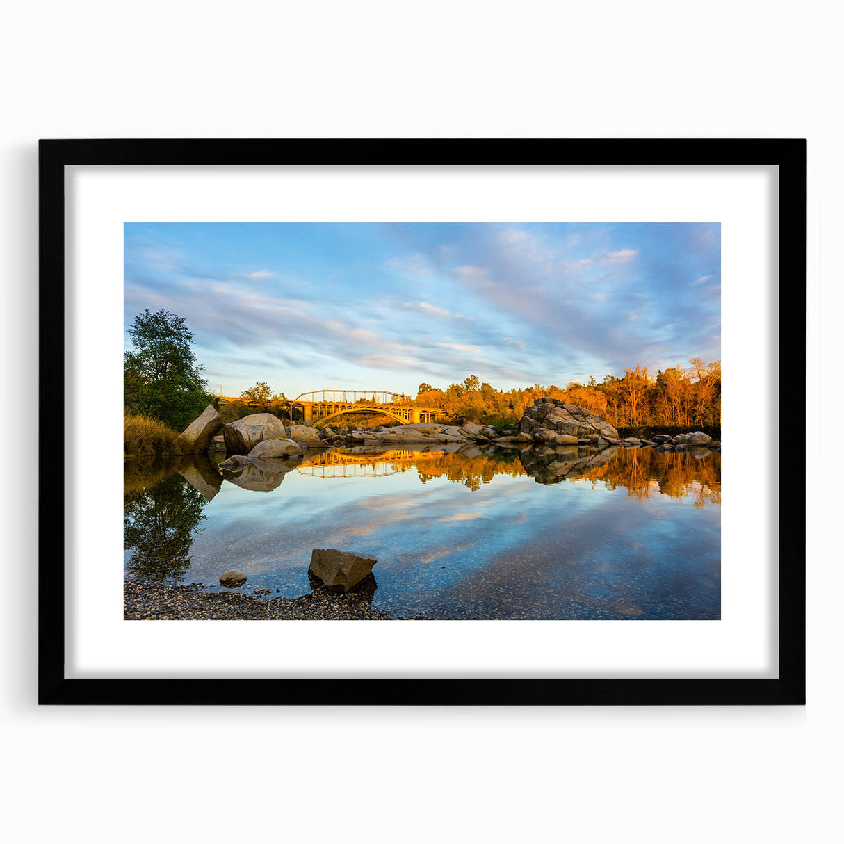 Extra large abstract art print of Sacramento scenery in vibrant colors on a textured canvas, framed in black.
