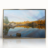 Framed acrylic print of Sacramento scenery in mid-century modernist style, with muted earth tones.