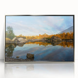 Mid-century modernist art depicting the Sacramento skyline in muted earth tones on a framed acrylic print.