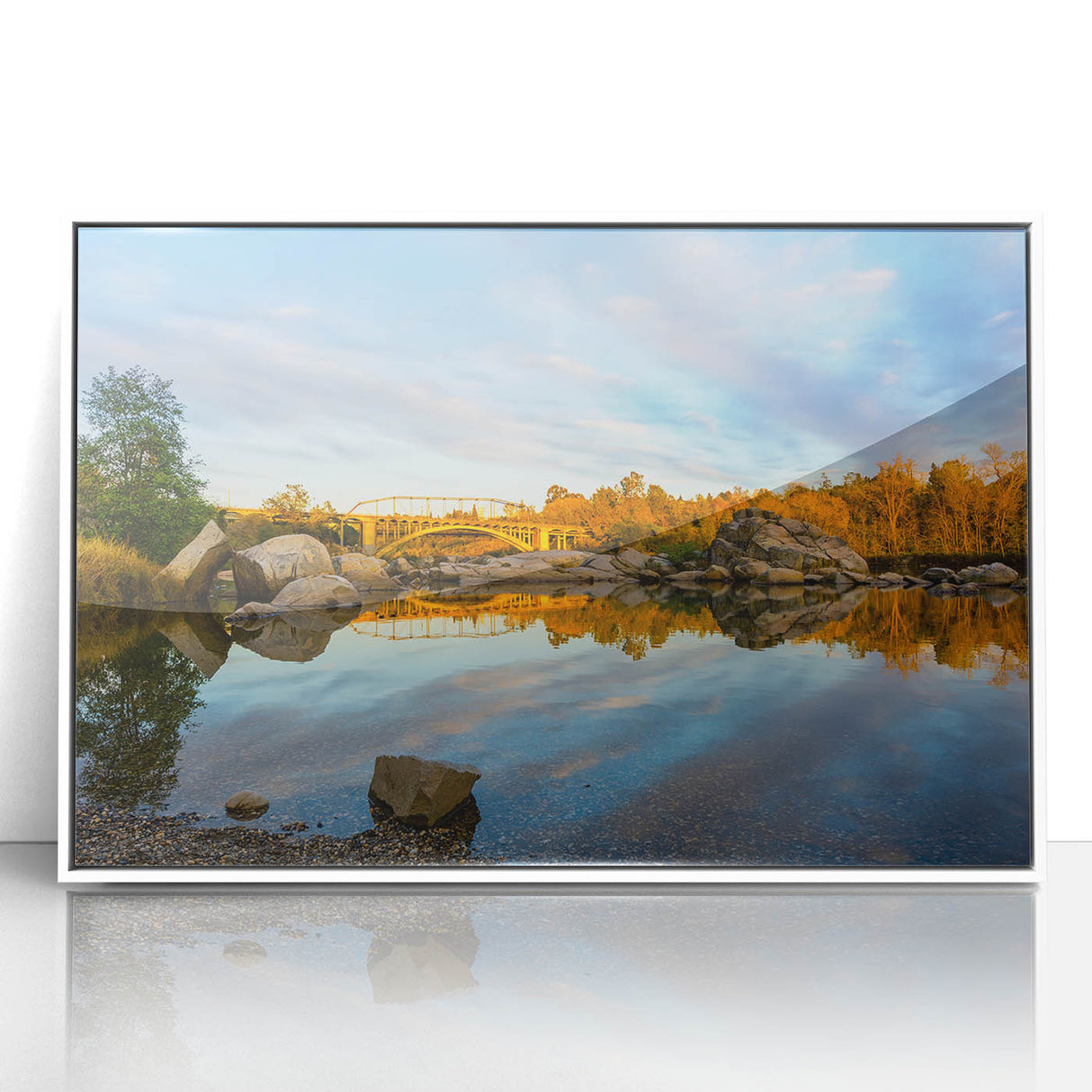 Acrylic print of Sacramento skyline in art deco style with muted gray and blue tones, ideal for modern nursery wall art.