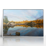 Acrylic print of Sacramento skyline in art deco style with muted gray and blue tones, ideal for modern nursery wall art.