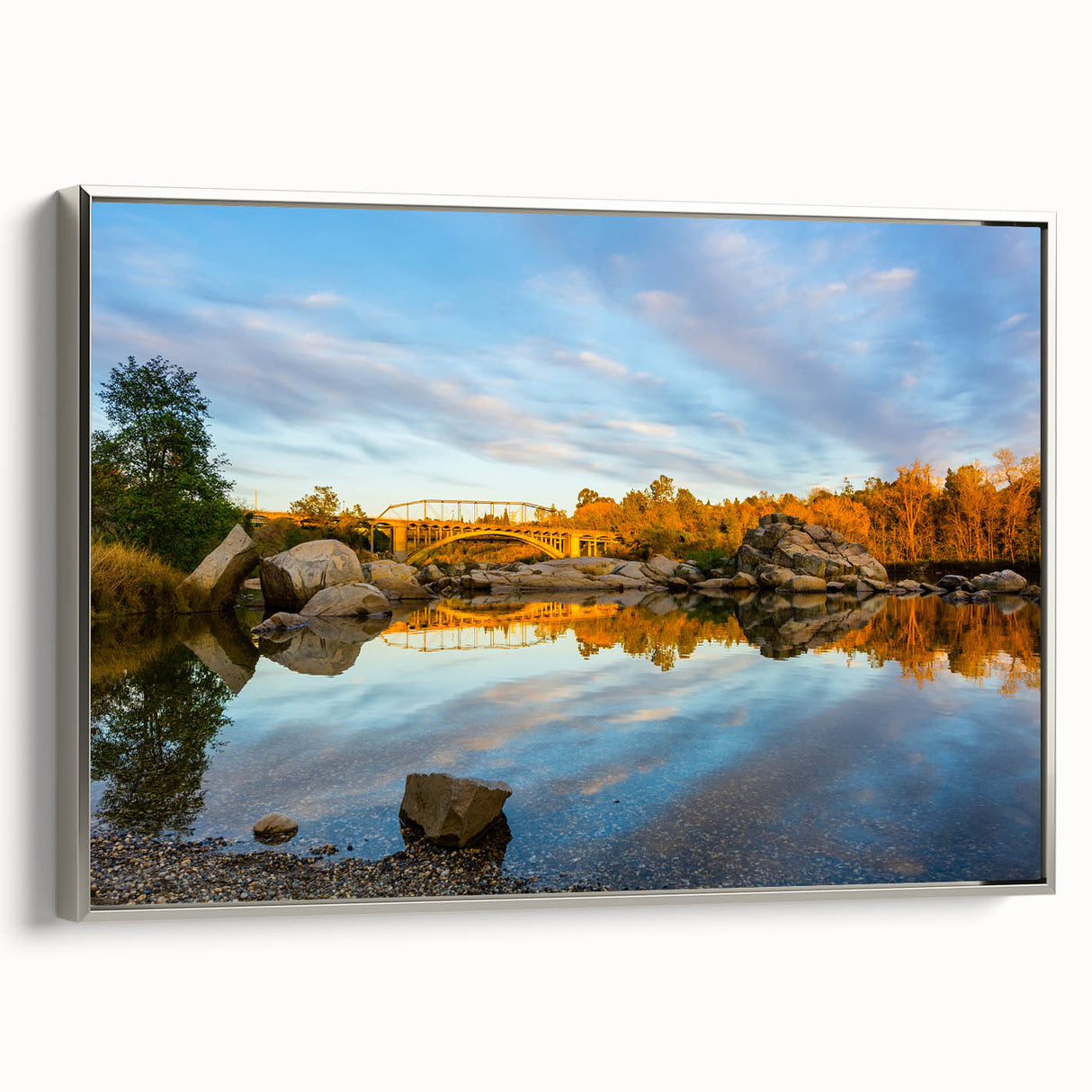 Landscape art painting of Sacramento skyline on framed canvas, featuring black and colorful vintage poster art style.