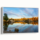 Framed canvas vintage poster art depicting the Sacramento skyline in colorful hues, ideal for living room decor.