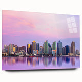 Side view of a large abstract wall art of San Diego scenery on acrylic glass, featuring cool blue and soft white tones.