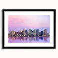 Extra large, colorful abstract art print of San Diego scenery on a textured canvas, framed in black.