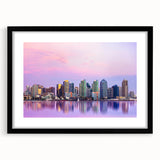 Extra large, colorful abstract art print of San Diego scenery on a textured canvas, framed in black.