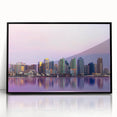Large abstract wall art depicting the San Diego skyline in muted gray and blue tones, acrylic print in a black frame.